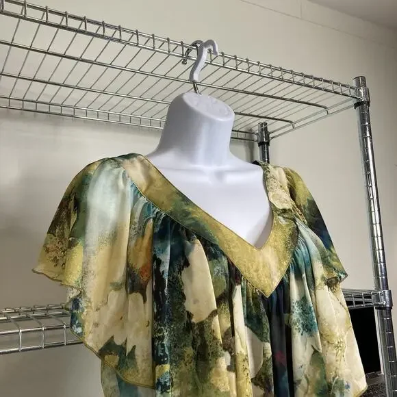 Sunny Leigh Women's Green Yellow Watercolors Blouse Size L Boho Art To Wear - Picture 9 of 13